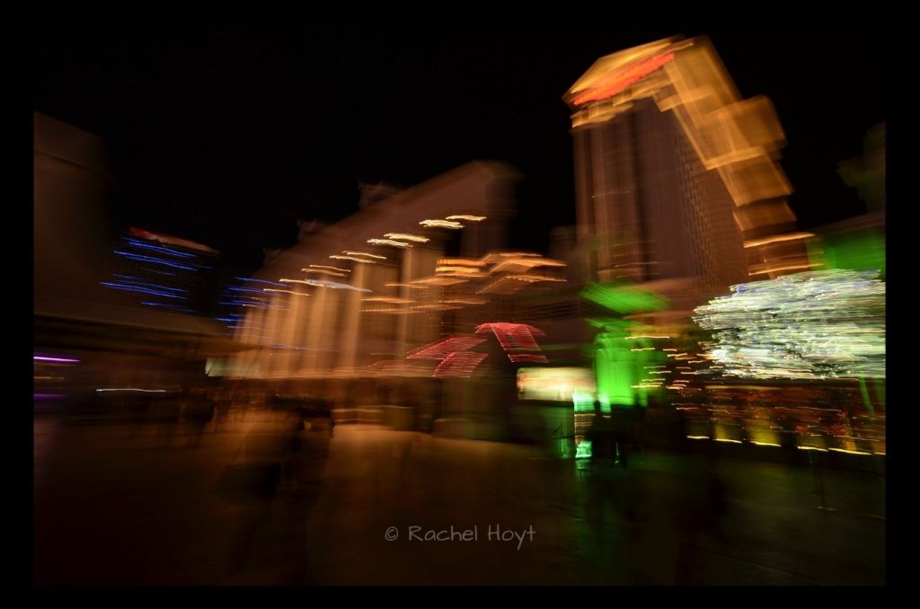Untitled Nightscape ICM photo with blurred neon lights, architecture, and people shadows in Las Vegas by Rachel Hoyt