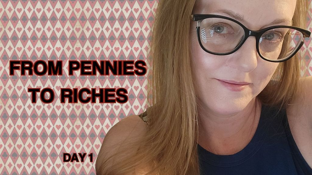 The face of a blonde woman on a playing cards patterned background with the text "From Pennies to Riches Day 1".